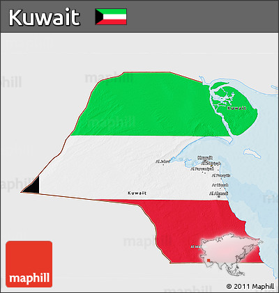 Flag 3D Map of Kuwait, single color outside, bathymetry sea, shaded relief sea, flag centered
