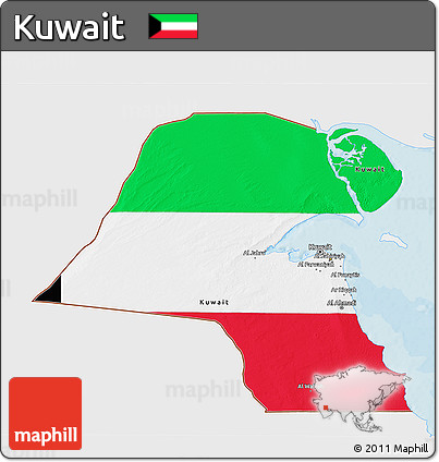 Flag 3D Map of Kuwait, single color outside, bathymetry sea, shaded relief sea, flag centered