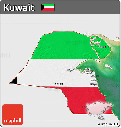 Flag 3D Map of Kuwait, single color outside, satellite sea, flag centered
