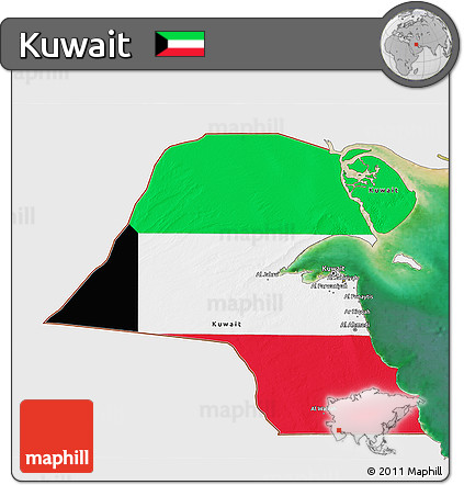 Flag 3D Map of Kuwait, single color outside, satellite sea