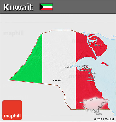 Flag 3D Map of Kuwait, single color outside, shaded relief sea, flag aligned to the middle