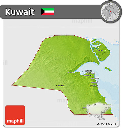 Physical 3D Map of Kuwait, single color outside, bathymetry sea, shaded relief sea