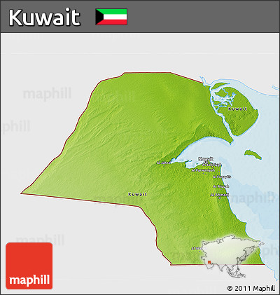 Physical 3D Map of Kuwait, single color outside, bathymetry sea, shaded relief sea