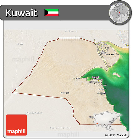 Satellite 3D Map of Kuwait, lighten, land only