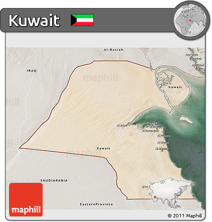 Satellite 3D Map of Kuwait, semi-desaturated