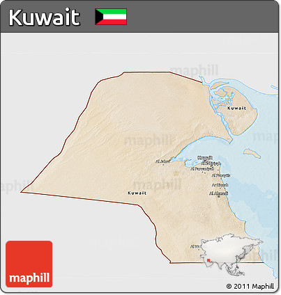 Satellite 3D Map of Kuwait, single color outside, bathymetry sea, shaded relief sea