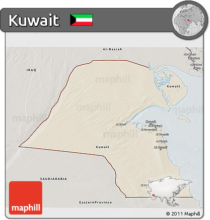 Shaded Relief 3D Map of Kuwait, semi-desaturated