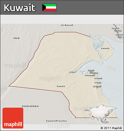 Shaded Relief 3D Map of Kuwait, semi-desaturated