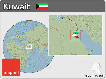 Flag Location Map of Kuwait, savanna style outside, hill shading outside