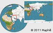 Satellite Location Map of Kuwait, highlighted continent, within the entire continent