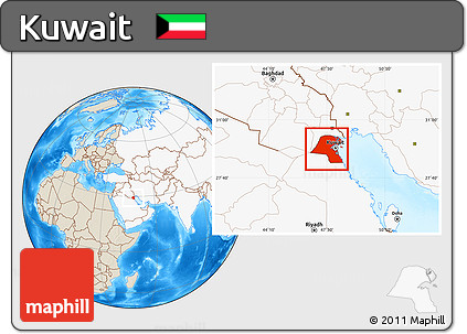 Shaded Relief Location Map of Kuwait, highlighted continent