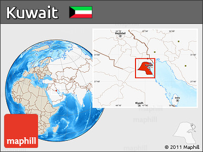 Shaded Relief Location Map of Kuwait, highlighted continent