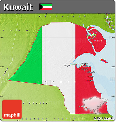 Flag Map of Kuwait, physical outside, bathymetry sea, flag aligned to the middle