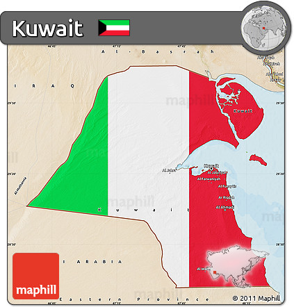 Flag Map of Kuwait, satellite outside, bathymetry sea, flag aligned to the middle