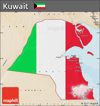 Flag Map of Kuwait, satellite outside, bathymetry sea, flag aligned to the middle