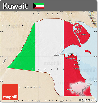 Flag Map of Kuwait, satellite outside, bathymetry sea, flag aligned to the middle