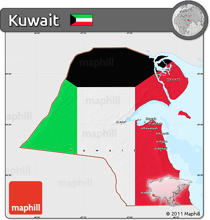 Flag Map of Kuwait, single color outside, bathymetry sea, flag rotated
