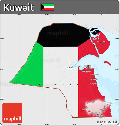 Flag Map of Kuwait, single color outside, bathymetry sea, flag rotated