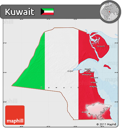 Flag Map of Kuwait, single color outside, bathymetry sea, shaded relief sea, flag aligned to the middle