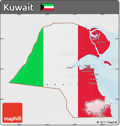 Flag Map of Kuwait, single color outside, bathymetry sea, shaded relief sea, flag aligned to the middle