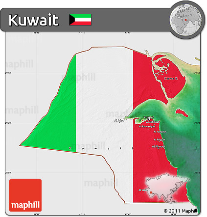 Flag Map of Kuwait, single color outside, satellite sea, flag aligned to the middle