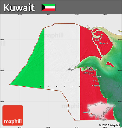 Flag Map of Kuwait, single color outside, satellite sea, flag aligned to the middle