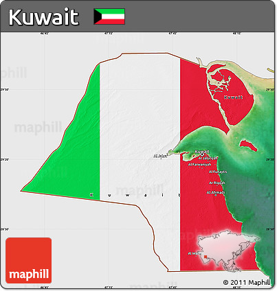 Flag Map of Kuwait, single color outside, satellite sea, flag aligned to the middle