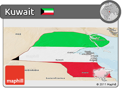 Flag Panoramic Map of Kuwait, satellite outside, bathymetry sea, flag centered