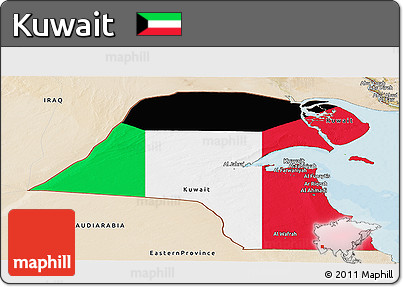 Flag Panoramic Map of Kuwait, satellite outside, bathymetry sea, flag rotated