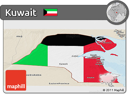 Flag Panoramic Map of Kuwait, shaded relief outside, bathymetry sea, flag rotated