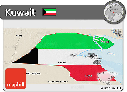 Flag Panoramic Map of Kuwait, shaded relief outside, bathymetry sea