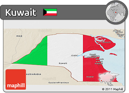 Flag Panoramic Map of Kuwait, shaded relief outside, flag aligned to the middle