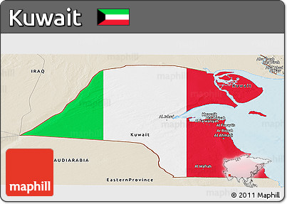 Flag Panoramic Map of Kuwait, shaded relief outside, flag aligned to the middle