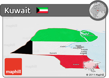 Flag Panoramic Map of Kuwait, single color outside, shaded relief sea