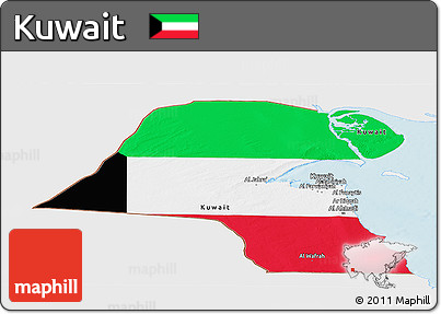 Flag Panoramic Map of Kuwait, single color outside, shaded relief sea