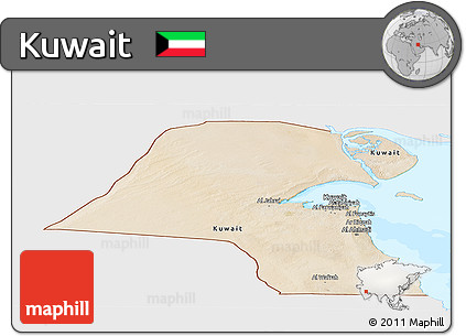 Satellite Panoramic Map of Kuwait, single color outside, bathymetry sea