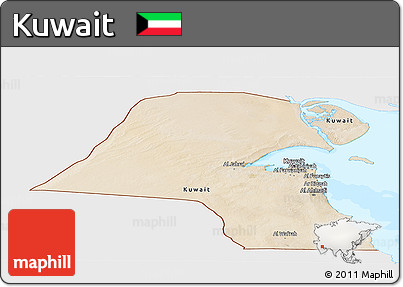 Satellite Panoramic Map of Kuwait, single color outside, bathymetry sea