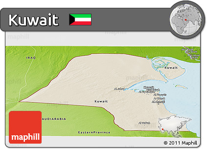 Shaded Relief Panoramic Map of Kuwait, physical outside