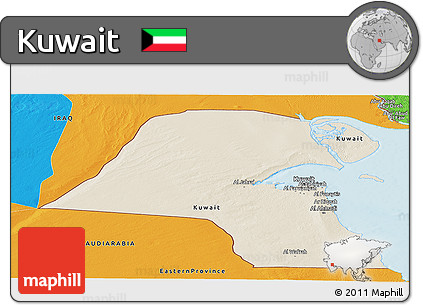 Shaded Relief Panoramic Map of Kuwait, political outside, shaded relief sea