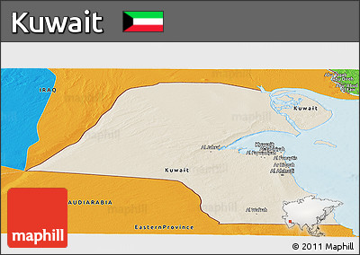Shaded Relief Panoramic Map of Kuwait, political outside, shaded relief sea