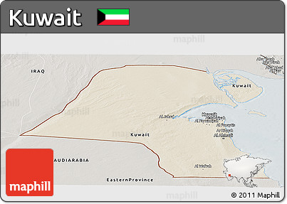 Shaded Relief Panoramic Map of Kuwait, semi-desaturated