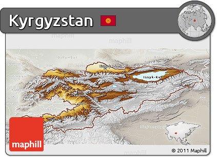 Physical 3D Map of Kyrgyzstan, lighten, semi-desaturated