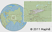 Gray Location Map of Kyrgyzstan, savanna style outside, hill shading