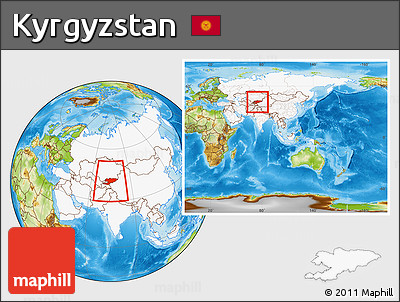 Physical Location Map of Kyrgyzstan, highlighted continent, within the entire continent