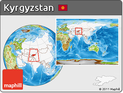 Physical Location Map of Kyrgyzstan, highlighted continent, within the entire continent