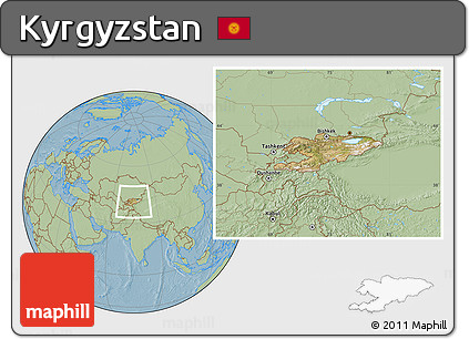 Satellite Location Map of Kyrgyzstan, savanna style outside, hill shading