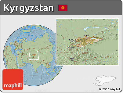 Satellite Location Map of Kyrgyzstan, savanna style outside, hill shading