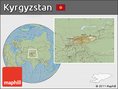 Satellite Location Map of Kyrgyzstan, savanna style outside, hill shading