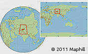 Savanna Style Location Map of Kyrgyzstan, within the entire continent