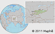 Savanna Style Location Map of Kyrgyzstan, gray outside, hill shading inside